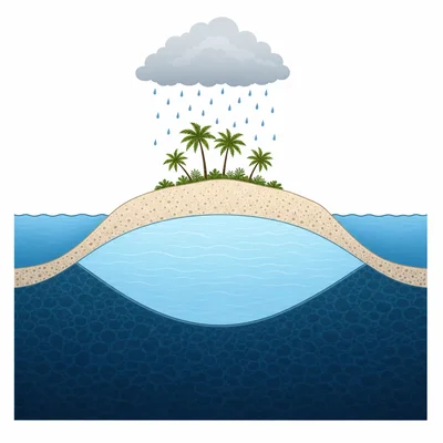 Cross section of a small atoll showing rainwater forming a thin freshwater lens above saltwater.