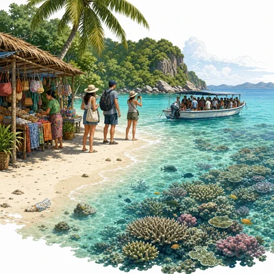Tourists on a Pacific island beach with a market, reef, boat, and small signs of environmental impact.