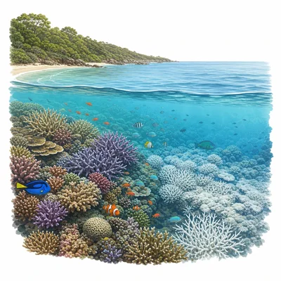 Coral reef off Australia with fish, healthy coral, and bleached coral patches showing a threat.