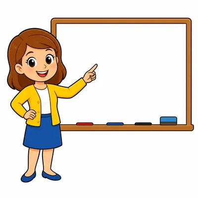 A smiling teacher pointing to a blank classroom board
