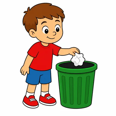 A child puts trash into a trash can