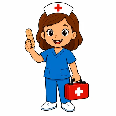 A school nurse holding a bandage and first aid kit