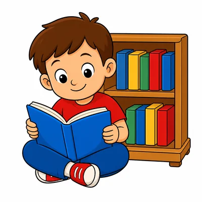 A child reading a book in the library