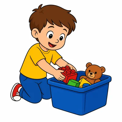 A child putting classroom toys into a bin