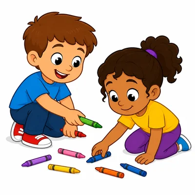 One student helps another pick up crayons