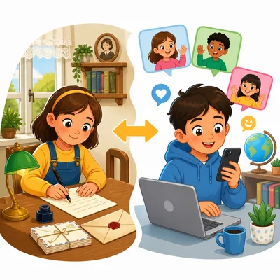 Old letter writing compared with modern phone and computer communication.