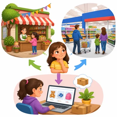 Small local shopping compared with large store and online shopping.