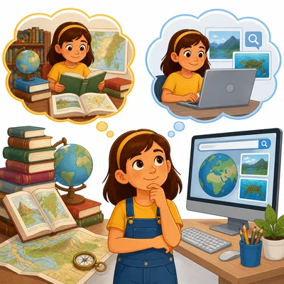 Books and maps compared with searching on a computer.