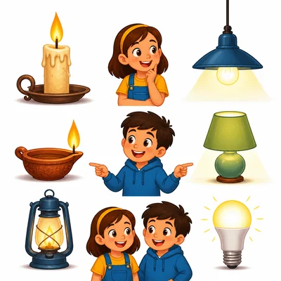 Candles and oil lamps compared with electric lights.