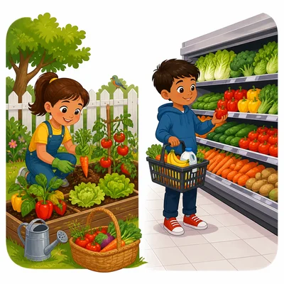 Growing food at home compared with buying food at a grocery store.
