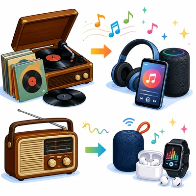 Records and radios compared with modern music devices.