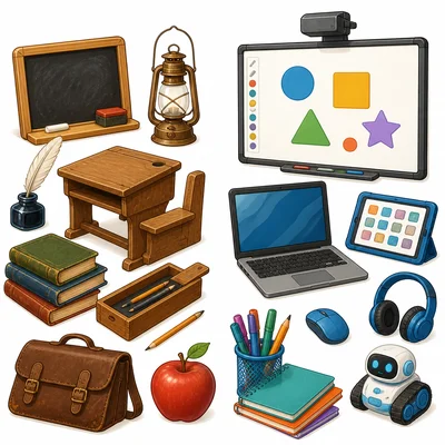 Past school tools beside modern classroom technology.