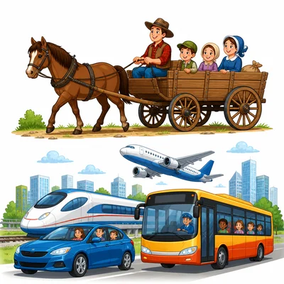 Horse and wagon compared with modern transportation.