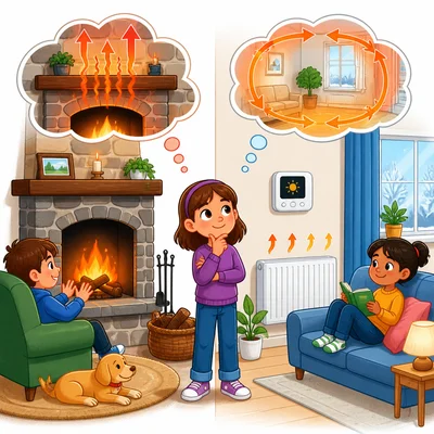 Fireplace heating compared with modern home heating.