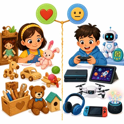 Handmade toys compared with electronic toys.