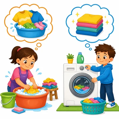 Hand washing clothes compared with using a washing machine.