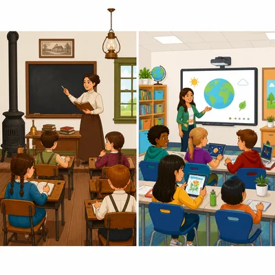 Older classroom with simple desks compared with a modern classroom.