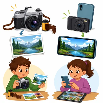 Film camera photos compared with digital photos on modern devices.