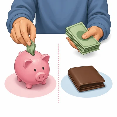 Money is split between a piggy bank for savings and a wallet for spending.