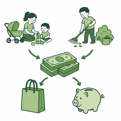 Money earned from two jobs is split between spending and saving.