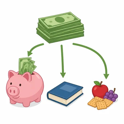 Money is divided among savings, a book purchase, and snacks.