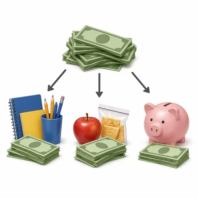 Monthly money is divided among school supplies, snacks, and savings.