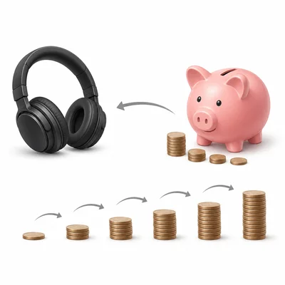 A student saves coins over time toward buying headphones.