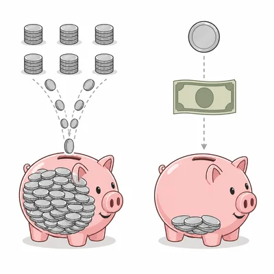 Regular small savings over time are compared with saving one time.