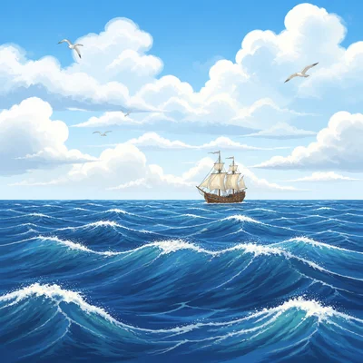 A wooden sailing ship crossing a rough ocean.