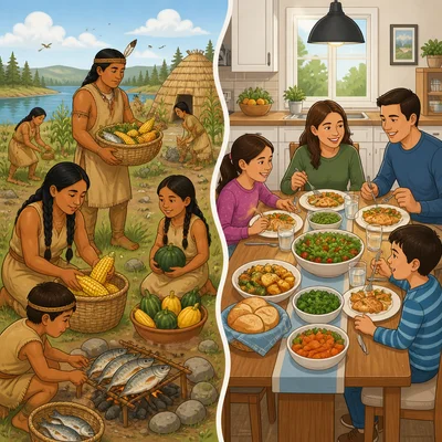 A comparison of a long-ago harvest gathering and a modern Thanksgiving meal.