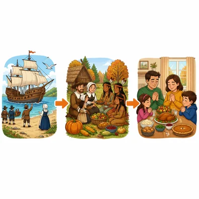 A picture timeline shows arrival, a harvest gathering, and the present day.