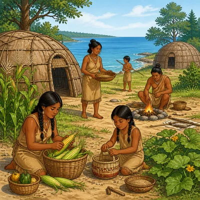 Wampanoag people in a coastal village with wetu homes and crops.