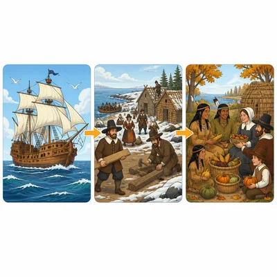 Three pictures show a ship voyage, arrival at Plymouth, and a harvest gathering.