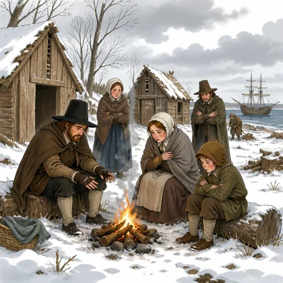 A snowy Plymouth settlement showing a difficult winter.