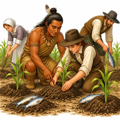 Squanto helps settlers plant corn using fish as fertilizer.