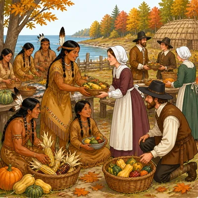 Wampanoag people and English settlers share an autumn harvest gathering.