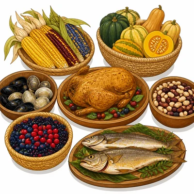Possible harvest foods include corn, squash, beans, fish, shellfish, berries, and bird.