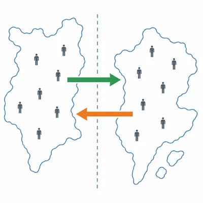 Arrows crossing a border in opposite directions illustrate immigration and emigration.