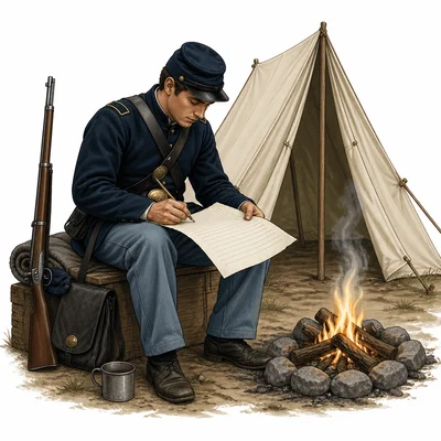 A Civil War-era soldier writes a letter at a camp.