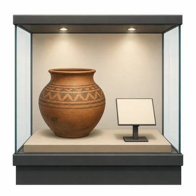 A museum artifact displayed with a blank label card.