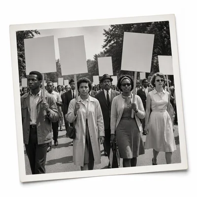 A black-and-white photograph of a peaceful civil rights march.