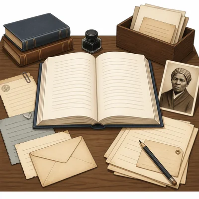 A biography book on a historian’s desk with historical documents.