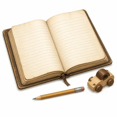An old diary open beside a pencil and a small toy.