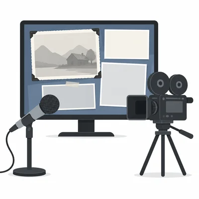 A documentary screen with old photos, an interview microphone, and a camera.