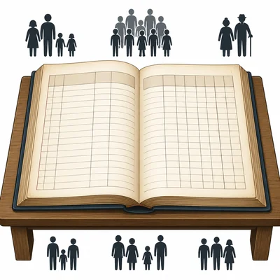An old census ledger with blank rows and people silhouettes.
