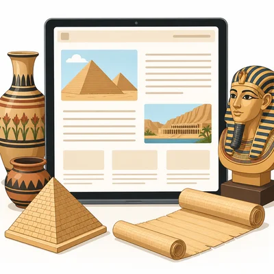 A website article layout shown with ancient Egyptian artifacts.