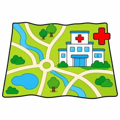 A map with a red cross marking a hospital.