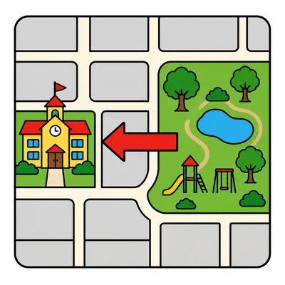 A map showing movement left from a park to a school.