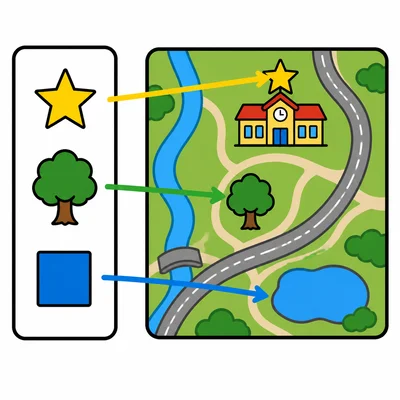 A map key matching symbols to places on a map.