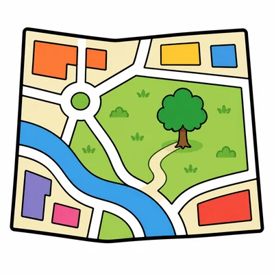 A map showing a green tree symbol for a park.